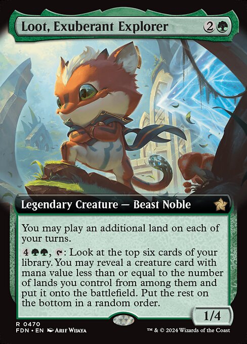 You may play an additional land on each of your turns.
{4}{G}{G}, {T}: Look at the top six cards of your library. You may reveal a creature card with mana value less than or equal to the number of lands you control from among them and put it onto the battlefield. Put the rest on the bottom in a random order.