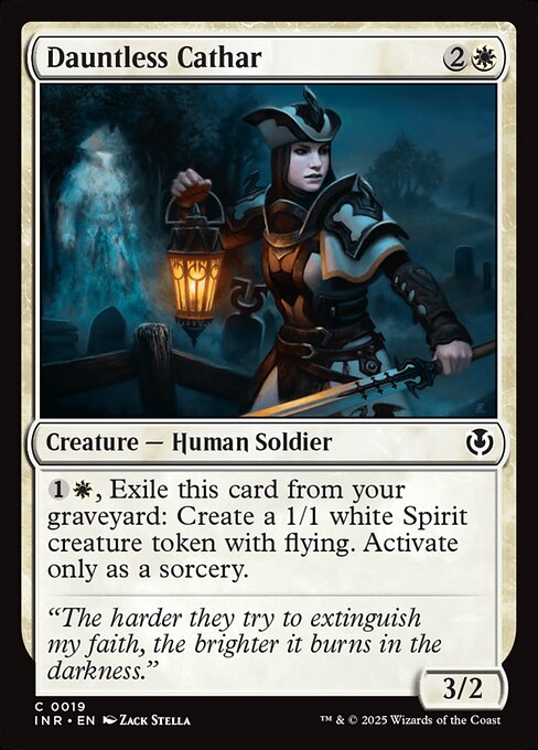{1}{W}, Exile Dauntless Cathar from your graveyard: Create a 1/1 white Spirit creature token with flying. Activate only as a sorcery.