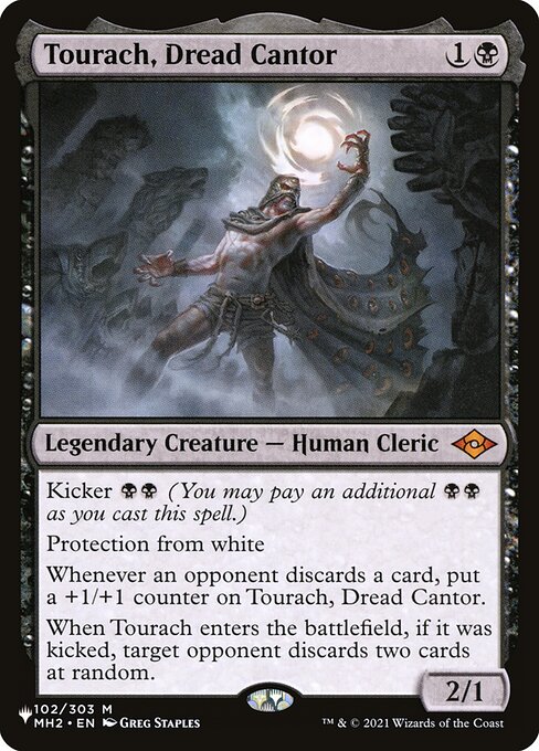 Kicker {B}{B} (You may pay an additional {B}{B} as you cast this spell.)
Protection from white
Whenever an opponent discards a card, put a +1/+1 counter on Tourach, Dread Cantor.
When Tourach enters, if it was kicked, target opponent discards two cards at random.