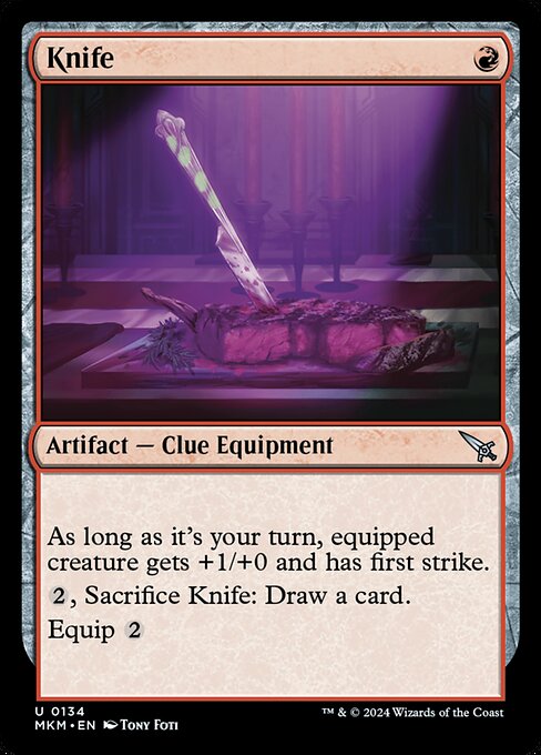 As long as it's your turn, equipped creature gets +1/+0 and has first strike.
{2}, Sacrifice Knife: Draw a card.
Equip {2}