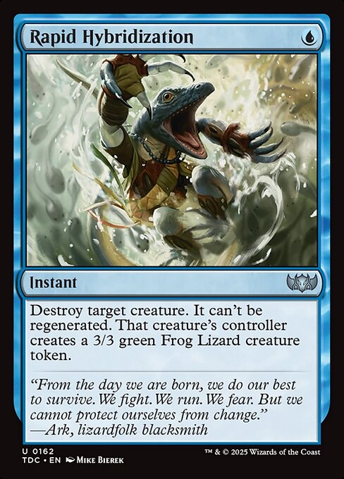 Destroy target creature. It can't be regenerated. That creature's controller creates a 3/3 green Frog Lizard creature token.