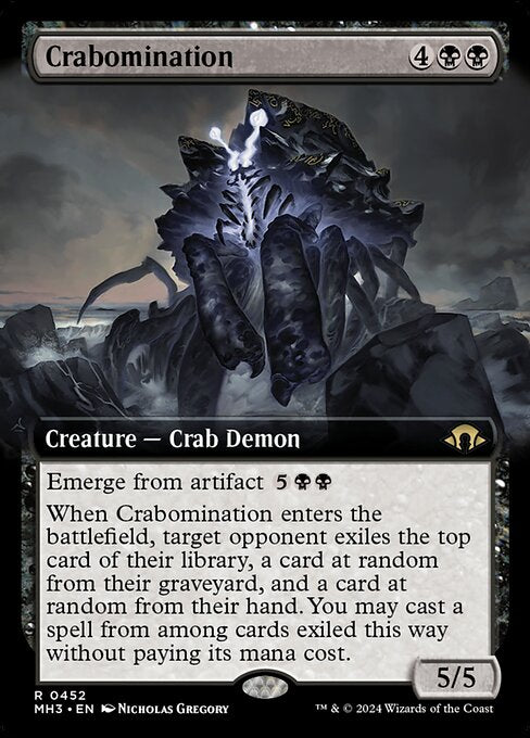 Emerge from artifact {5}{B}{B} (You may cast this spell by sacrificing an artifact and paying the emerge cost reduced by that artifact's mana value.)
When Crabomination enters the battlefield, target opponent exiles the top card of their library, a card at random from their graveyard, and a card at random from their hand. You may cast a spell from among cards exiled this way without paying its mana cost.