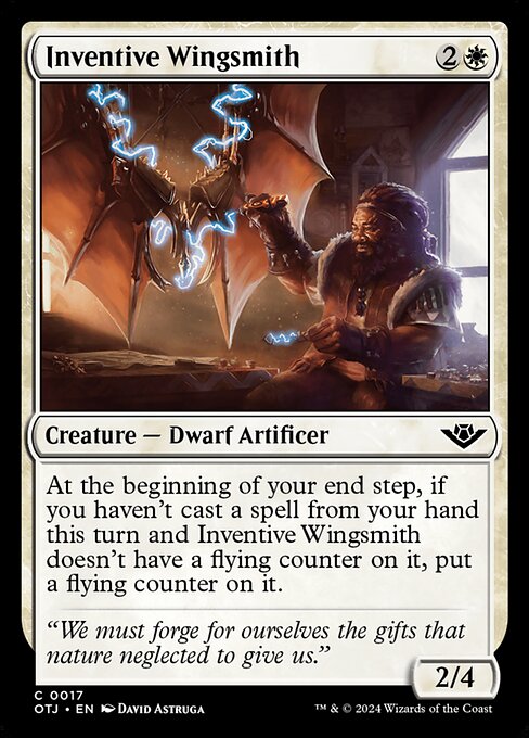 At the beginning of your end step, if you haven't cast a spell from your hand this turn and Inventive Wingsmith doesn't have a flying counter on it, put a flying counter on it.