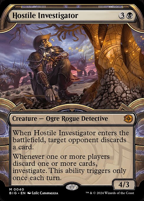 When Hostile Investigator enters the battlefield, target opponent discards a card.
Whenever one or more players discard one or more cards, investigate. This ability triggers only once each turn. (Create a Clue token. It's an artifact with "{2}, Sacrifice this artifact: Draw a card.")