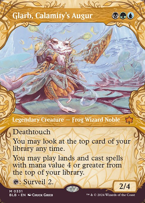 Deathtouch
You may look at the top card of your library any time.
You may play lands and cast spells with mana value 4 or greater from the top of your library.
{T}: Surveil 2.