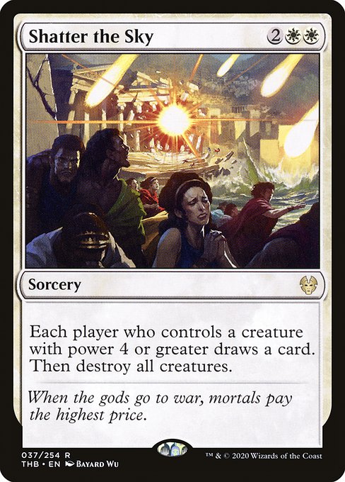 Each player who controls a creature with power 4 or greater draws a card. Then destroy all creatures.