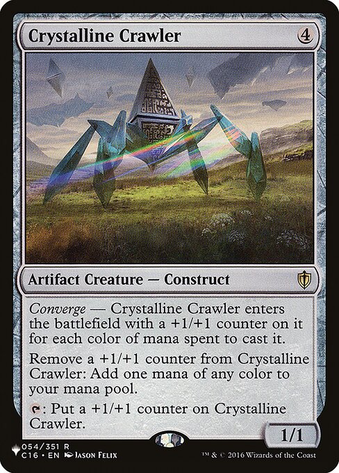 Converge — Crystalline Crawler enters with a +1/+1 counter on it for each color of mana spent to cast it.
Remove a +1/+1 counter from Crystalline Crawler: Add one mana of any color.
{T}: Put a +1/+1 counter on Crystalline Crawler.
