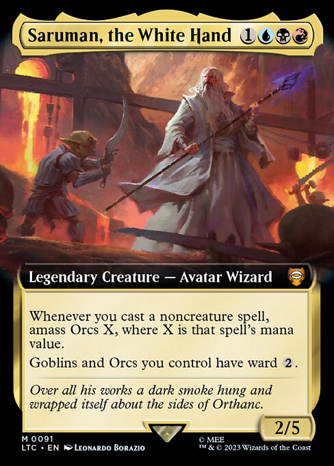 Whenever you cast a noncreature spell, amass Orcs X, where X is that spell's mana value. (Put X +1/+1 counters on an Army you control. It's also an Orc. If you don't control an Army, create a 0/0 black Orc Army creature token first.)
Goblins and Orcs you control have ward {2}.
