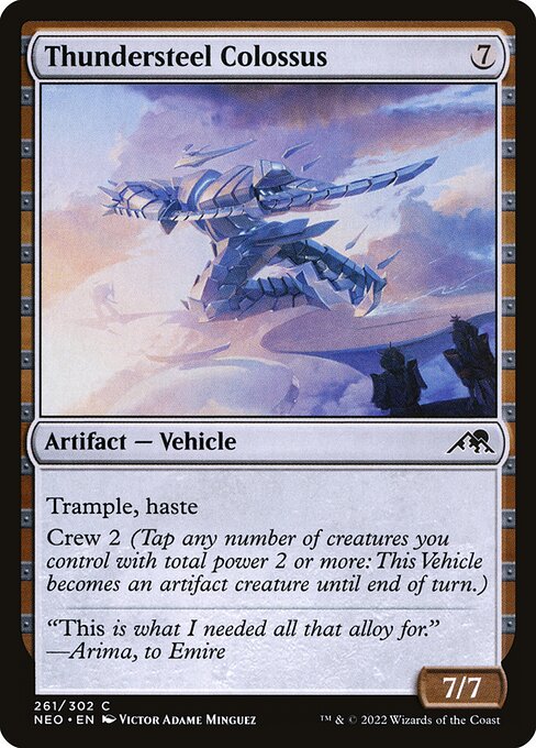 Trample, haste
Crew 2 (Tap any number of creatures you control with total power 2 or more: This Vehicle becomes an artifact creature until end of turn.)