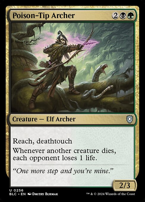 Reach (This creature can block creatures with flying.)
Deathtouch (Any amount of damage this deals to a creature is enough to destroy it.)
Whenever another creature dies, each opponent loses 1 life.