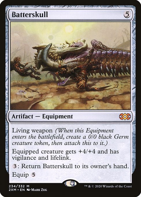 Living weapon (When this Equipment enters the battlefield, create a 0/0 black Phyrexian Germ creature token, then attach this to it.)
Equipped creature gets +4/+4 and has vigilance and lifelink.
{3}: Return Batterskull to its owner's hand.
Equip {5}