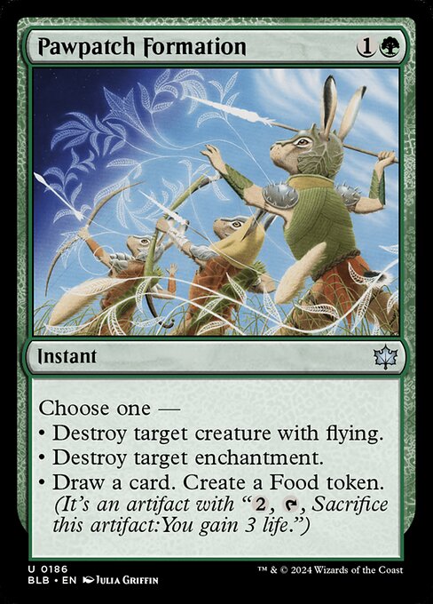 Choose one —
• Destroy target creature with flying.
• Destroy target enchantment.
• Draw a card. Create a Food token. (It's an artifact with "{2}, {T}, Sacrifice this artifact: You gain 3 life.")
