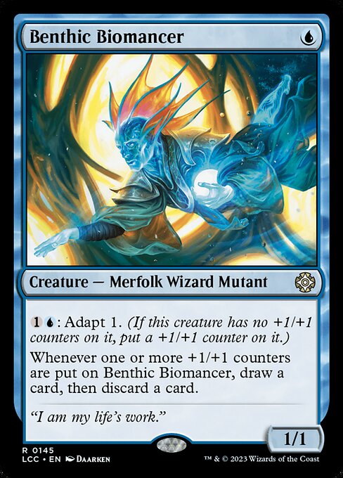 {1}{U}: Adapt 1. (If this creature has no +1/+1 counters on it, put a +1/+1 counter on it.)
Whenever one or more +1/+1 counters are put on this creature, draw a card, then discard a card.