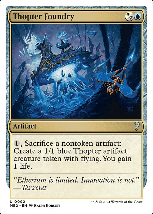 {1}, Sacrifice a nontoken artifact: Create a 1/1 blue Thopter artifact creature token with flying. You gain 1 life.