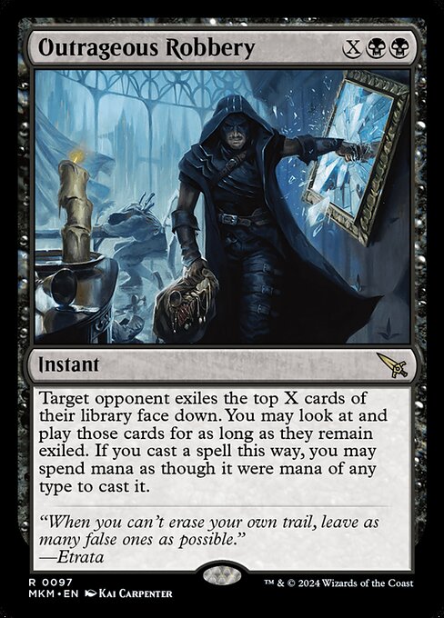 Target opponent exiles the top X cards of their library face down. You may look at and play those cards for as long as they remain exiled. If you cast a spell this way, you may spend mana as though it were mana of any type to cast it.