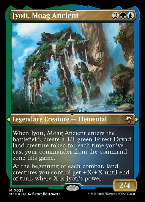 When Jyoti, Moag Ancient enters the battlefield, create a 1/1 green Forest Dryad land creature token for each time you've cast your commander from the command zone this game. (They're affected by summoning sickness.)
At the beginning of each combat, land creatures you control get +X/+X until end of turn, where X is Jyoti's power.