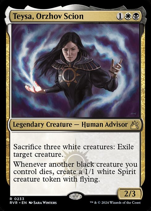 Sacrifice three white creatures: Exile target creature.
Whenever another black creature you control dies, create a 1/1 white Spirit creature token with flying.