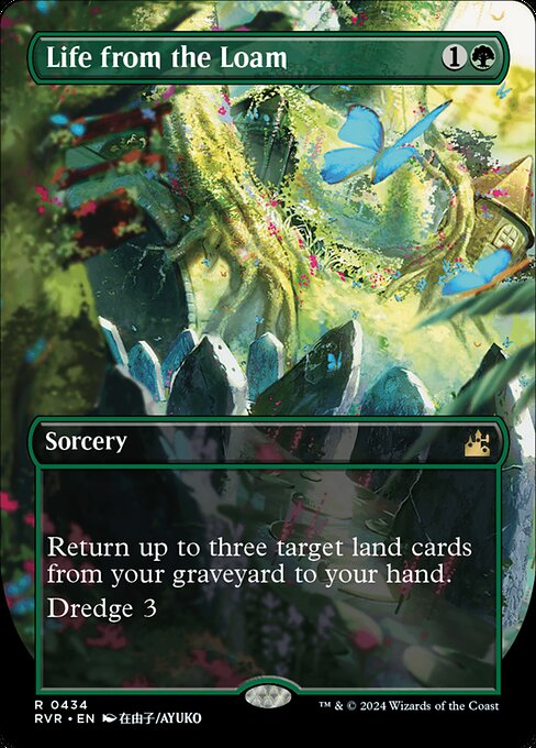 Return up to three target land cards from your graveyard to your hand.
Dredge 3 (If you would draw a card, you may mill three cards instead. If you do, return this card from your graveyard to your hand.)