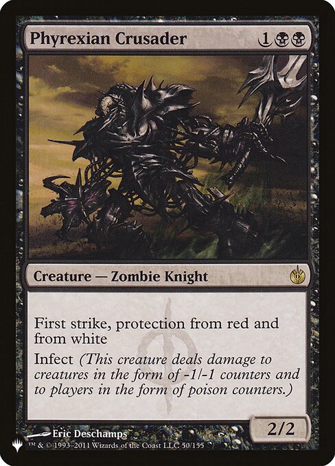 First strike, protection from red and from white
Infect (This creature deals damage to creatures in the form of -1/-1 counters and to players in the form of poison counters.)