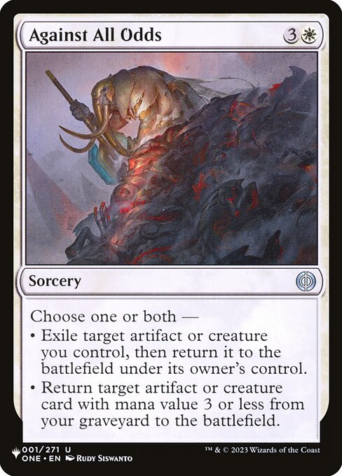 Choose one or both —
• Exile target artifact or creature you control, then return it to the battlefield under its owner's control.
• Return target artifact or creature card with mana value 3 or less from your graveyard to the battlefield.