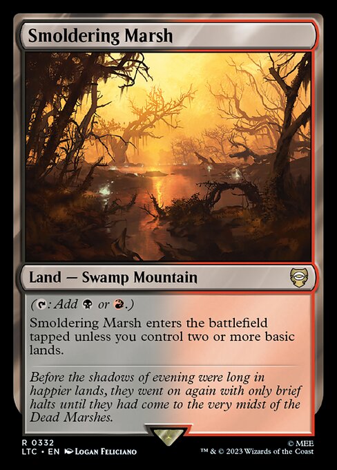 ({T}: Add {B} or {R}.)
Smoldering Marsh enters the battlefield tapped unless you control two or more basic lands.