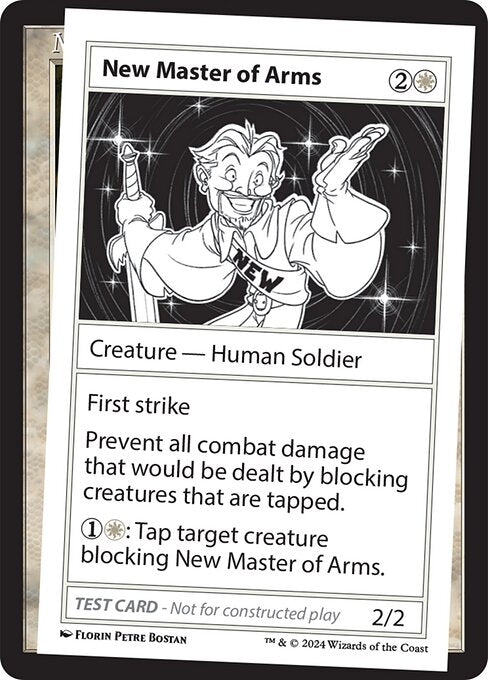 First strike
Prevent all combat damage that would be dealt by blocking creatures that are tapped.
{1}{W}: Tap target creature blocking New Master of Arms.