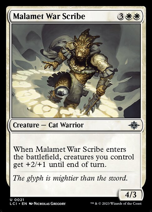 When Malamet War Scribe enters the battlefield, creatures you control get +2/+1 until end of turn.