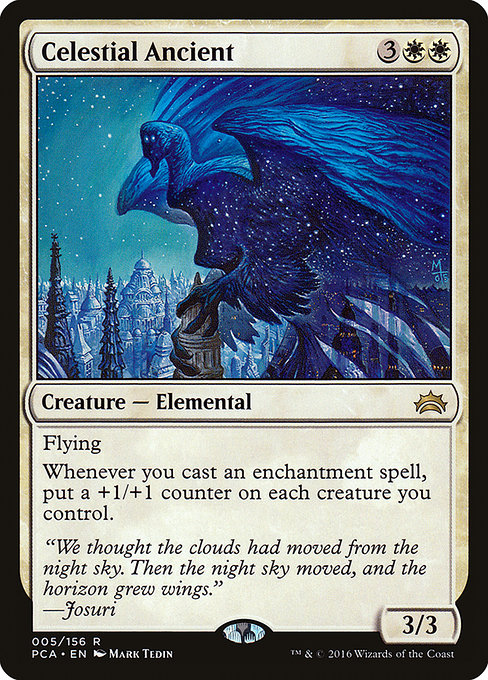 Flying
Whenever you cast an enchantment spell, put a +1/+1 counter on each creature you control.