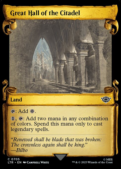 {T}: Add {C}.
{1}, {T}: Add two mana in any combination of colors. Spend this mana only to cast legendary spells.