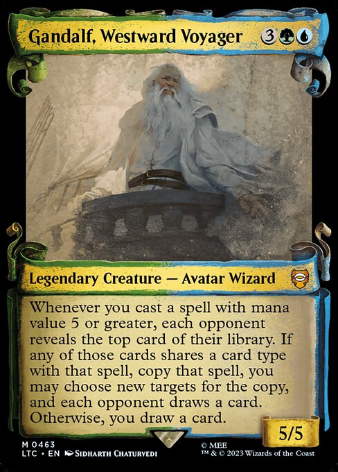 Whenever you cast a spell with mana value 5 or greater, each opponent reveals the top card of their library. If any of those cards shares a card type with that spell, copy that spell, you may choose new targets for the copy, and each opponent draws a card. Otherwise, you draw a card. (A copy of a permanent spell becomes a token.)