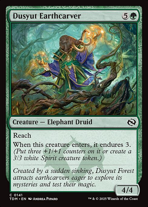 Reach
When this creature enters, it endures 3. (Put three +1/+1 counters on it or create a 3/3 white Spirit creature token.)