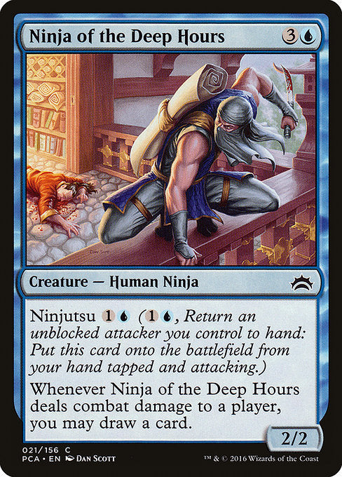 Ninjutsu {1}{U} ({1}{U}, Return an unblocked attacker you control to hand: Put this card onto the battlefield from your hand tapped and attacking.)
Whenever Ninja of the Deep Hours deals combat damage to a player, you may draw a card.