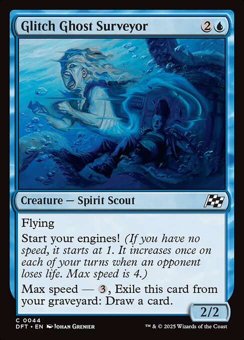 Flying
Start your engines! (If you have no speed, it starts at 1. It increases once on each of your turns when an opponent loses life. Max speed is 4.)
Max speed — {3}, Exile this card from your graveyard: Draw a card.