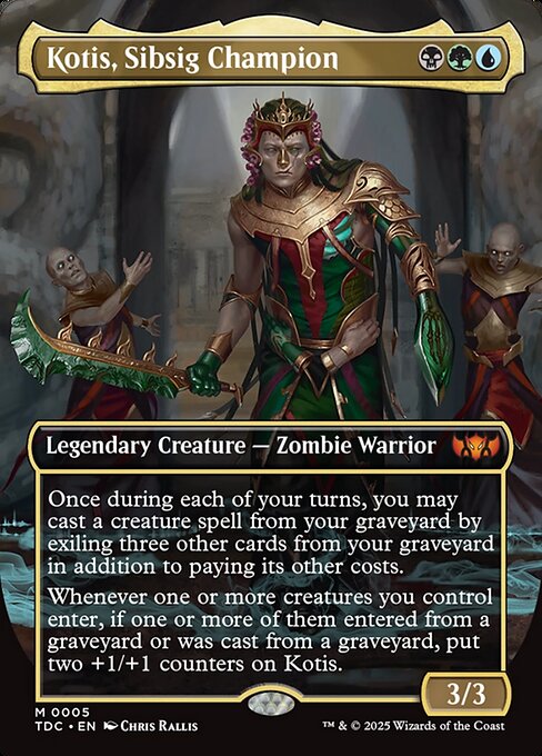 Once during each of your turns, you may cast a creature spell from your graveyard by exiling three other cards from your graveyard in addition to paying its other costs.
Whenever one or more creatures you control enter, if one or more of them entered from a graveyard or was cast from a graveyard, put two +1/+1 counters on Kotis.