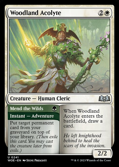 When Woodland Acolyte enters the battlefield, draw a card.   Put target permanent card from your graveyard on top of your library. (Then exile this card. You may cast the creature later from exile.)