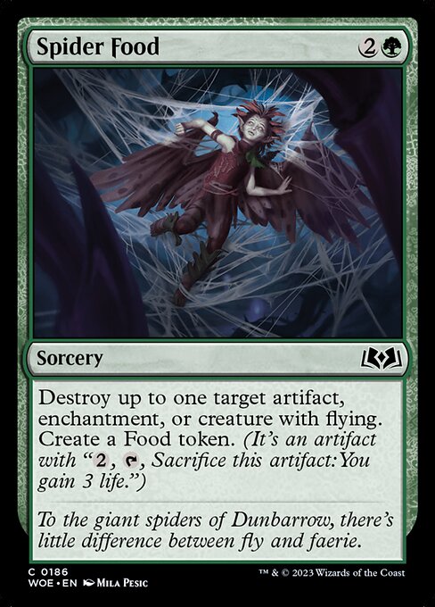 Destroy up to one target artifact, enchantment, or creature with flying. Create a Food token. (It's an artifact with "{2}, {T}, Sacrifice this artifact: You gain 3 life.")