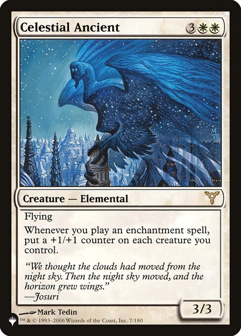 Flying
Whenever you cast an enchantment spell, put a +1/+1 counter on each creature you control.