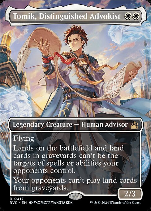 Flying
Lands on the battlefield and land cards in graveyards can't be the targets of spells or abilities your opponents control.
Your opponents can't play land cards from graveyards.
