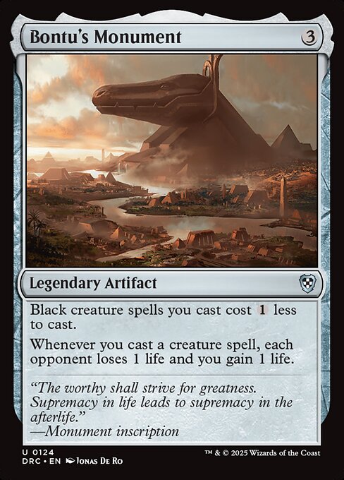 Black creature spells you cast cost {1} less to cast.
Whenever you cast a creature spell, each opponent loses 1 life and you gain 1 life.