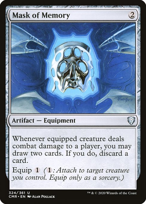 Whenever equipped creature deals combat damage to a player, you may draw two cards. If you do, discard a card.
Equip {1} ({1}: Attach to target creature you control. Equip only as a sorcery.)