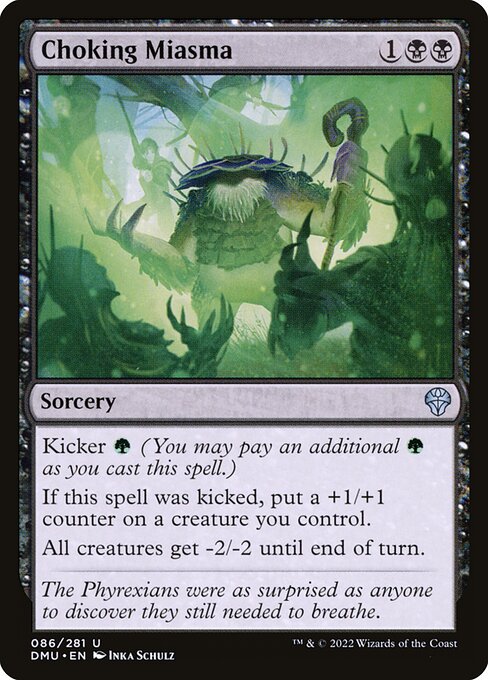 Kicker {G} (You may pay an additional {G} as you cast this spell.)
If this spell was kicked, put a +1/+1 counter on a creature you control.
All creatures get -2/-2 until end of turn.