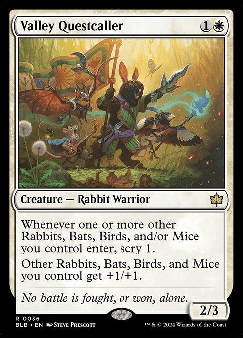 Whenever one or more other Rabbits, Bats, Birds, and/or Mice you control enter, scry 1.
Other Rabbits, Bats, Birds, and Mice you control get +1/+1.