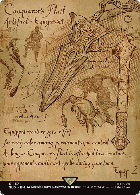 Equipped creature gets +1/+1 for each color among permanents you control.
As long as this Equipment is attached to a creature, your opponents can't cast spells during your turn.
Equip {2}