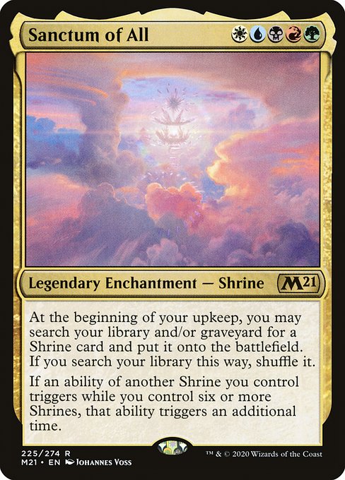 At the beginning of your upkeep, you may search your library and/or graveyard for a Shrine card and put it onto the battlefield. If you search your library this way, shuffle.
If an ability of another Shrine you control triggers while you control six or more Shrines, that ability triggers an additional time.