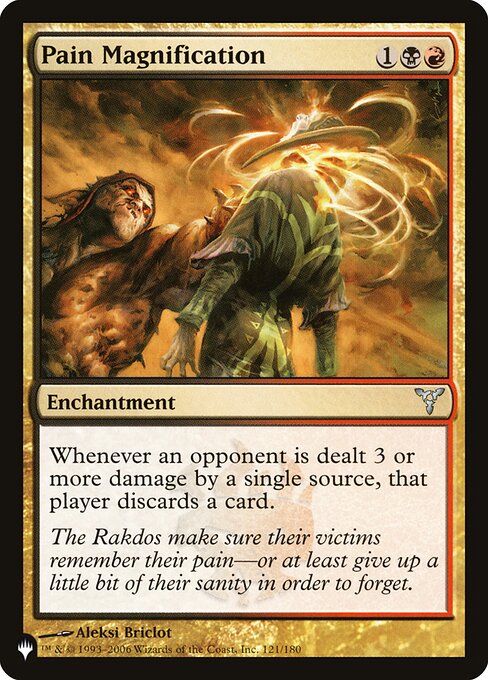 Whenever an opponent is dealt 3 or more damage by a single source, that player discards a card.