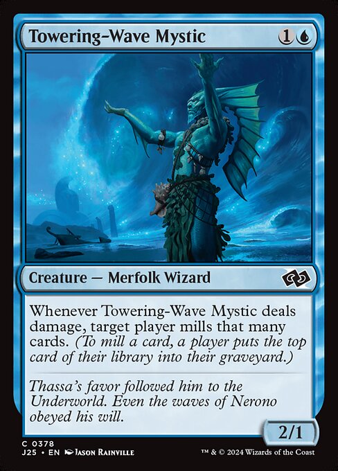 Whenever Towering-Wave Mystic deals damage, target player mills that many cards.