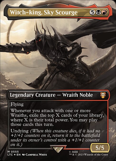 Flying
Whenever you attack with one or more Wraiths, exile the top X cards of your library, where X is their total power. You may play those cards this turn.
Undying (When this creature dies, if it had no +1/+1 counters on it, return it to the battlefield under its owner's control with a +1/+1 counter on it.)