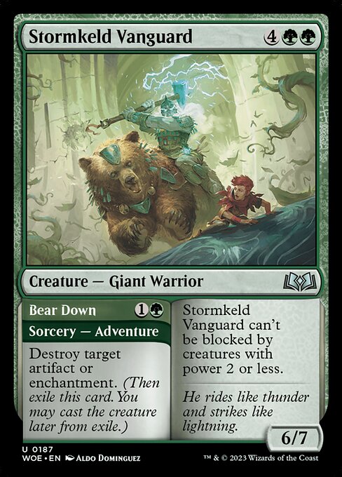 Stormkeld Vanguard can't be blocked by creatures with power 2 or less.   Destroy target artifact or enchantment. (Then exile this card. You may cast the creature later from exile.)