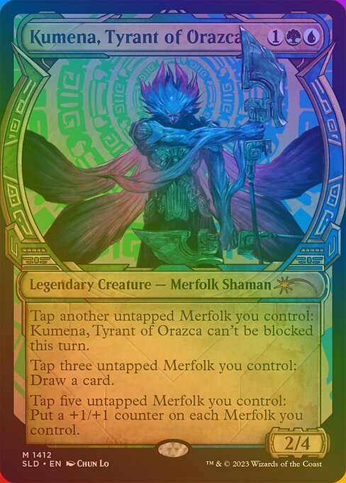 Tap another untapped Merfolk you control: Kumena, Tyrant of Orazca can't be blocked this turn.
Tap three untapped Merfolk you control: Draw a card.
Tap five untapped Merfolk you control: Put a +1/+1 counter on each Merfolk you control.