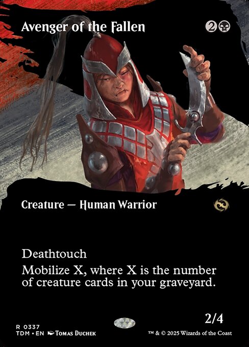 Deathtouch
Mobilize X, where X is the number of creature cards in your graveyard. (Whenever this creature attacks, create X tapped and attacking 1/1 red Warrior creature tokens. Sacrifice them at the beginning of the next end step.)